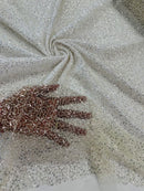 Pearl Sequins Bead Fabric - Clear on Off-White - Small Beads and Sequins Embroidered on Lace By Yard