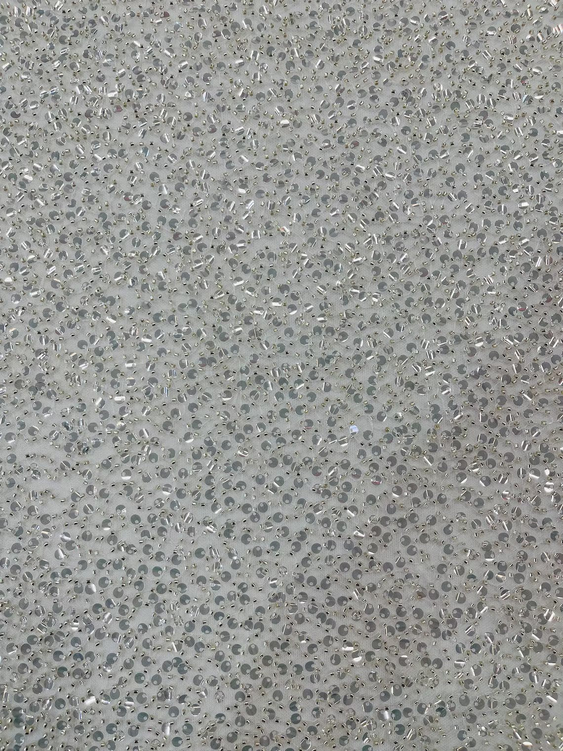 Pearl Sequins Bead Fabric - Clear on Off-White - Small Beads and Sequins Embroidered on Lace By Yard