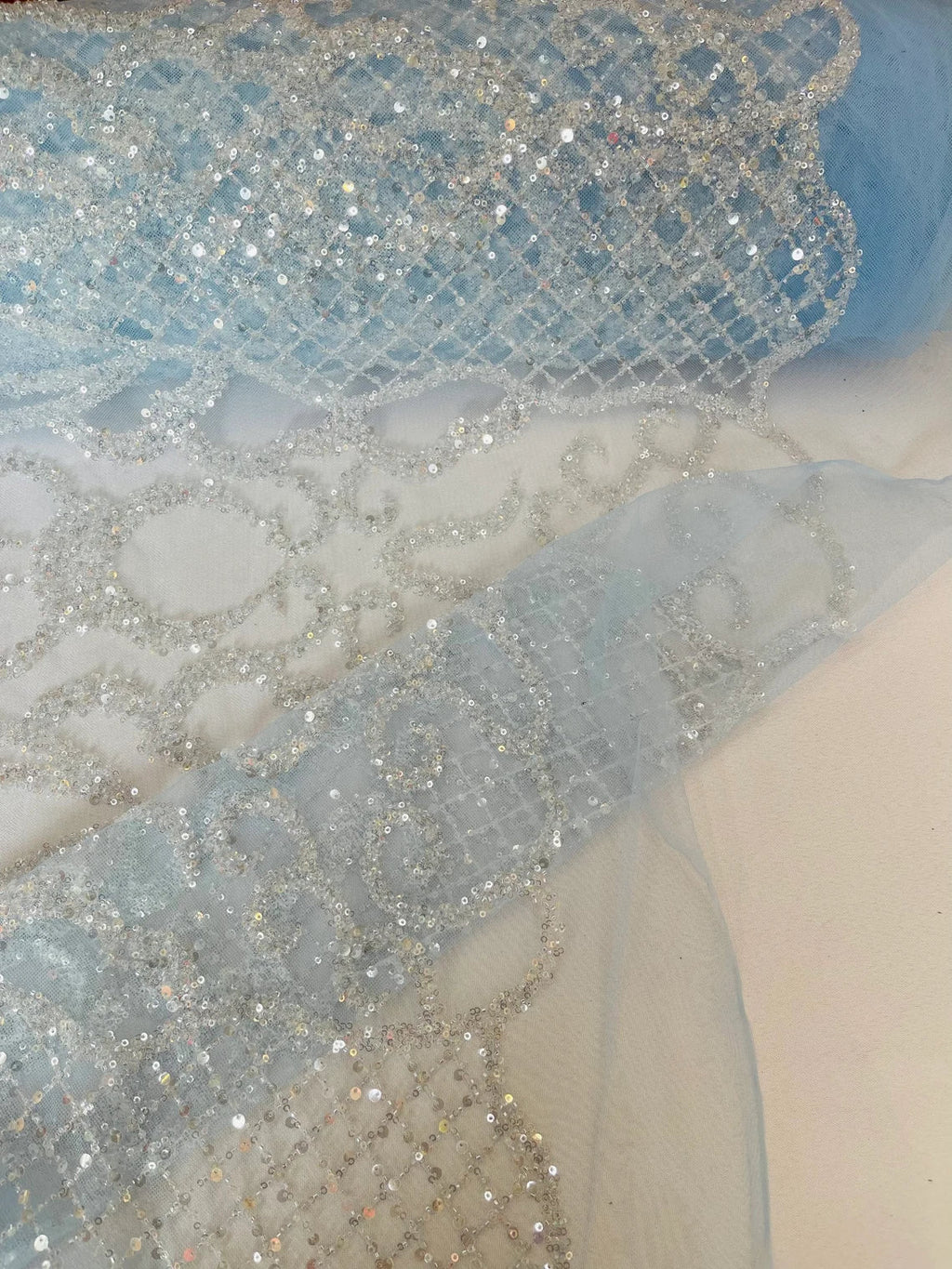Beaded Fashion Design Fabric - Clear on Blue - Beaded Embroidered Damask Style Fabric on Mesh By Yard