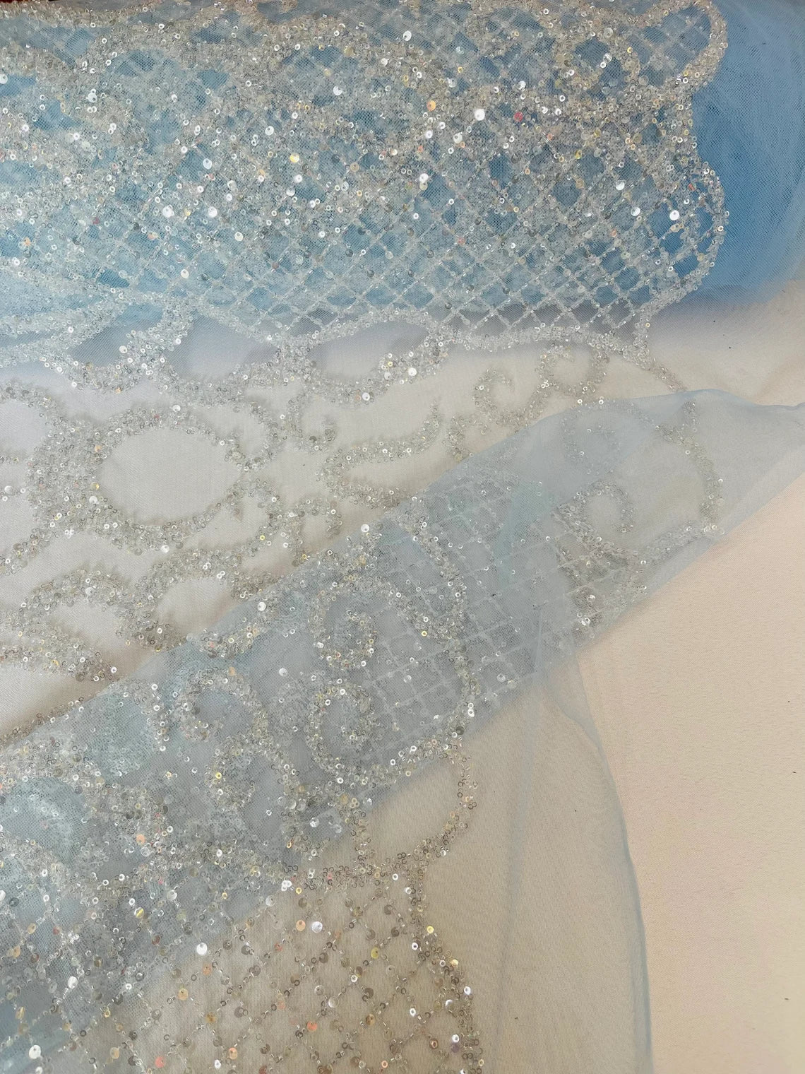 Beaded Fashion Design Fabric - Clear on Blue - Beaded Embroidered Damask Style Fabric on Mesh By Yard