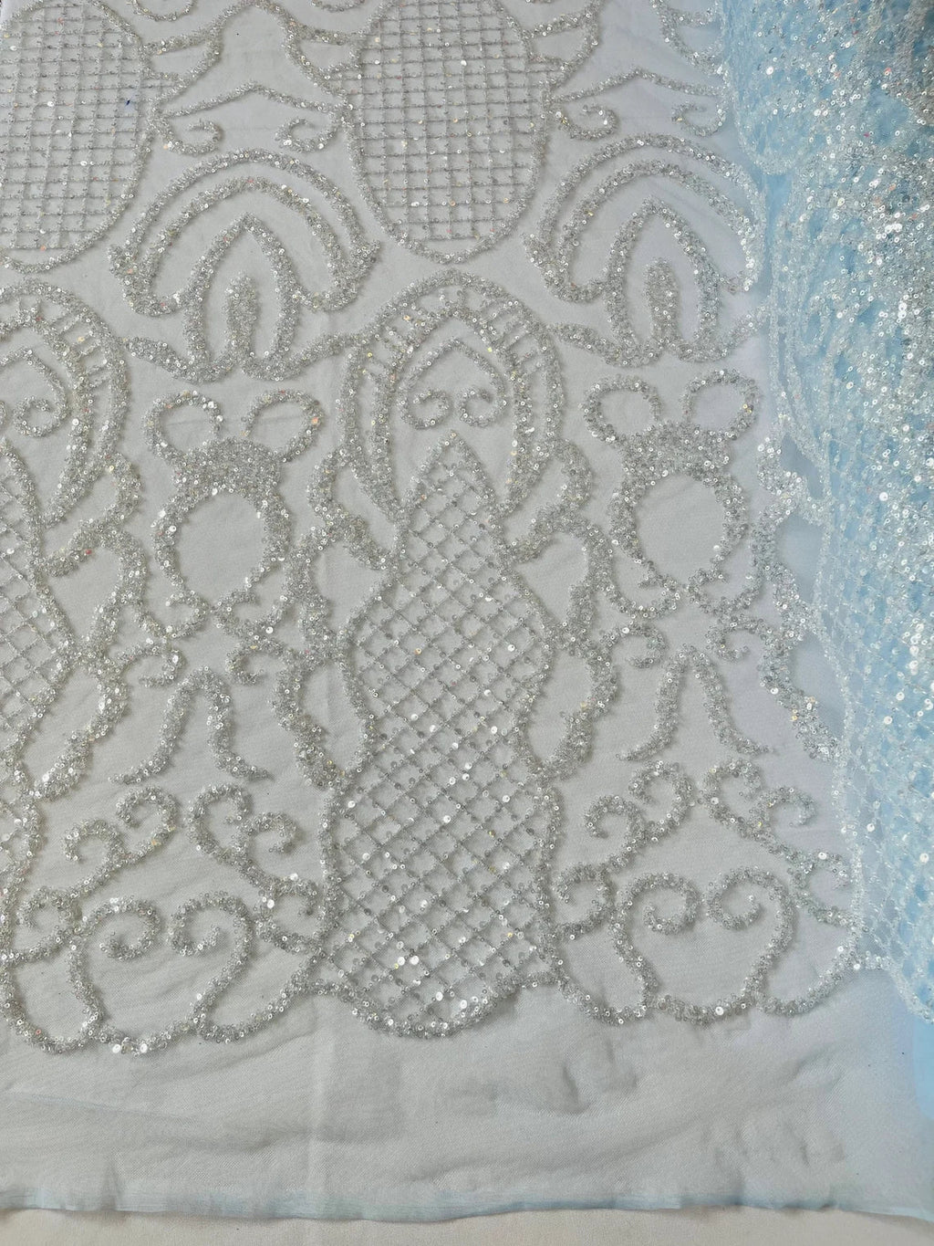 Beaded Fashion Design Fabric - Clear on Blue - Beaded Embroidered Damask Style Fabric on Mesh By Yard