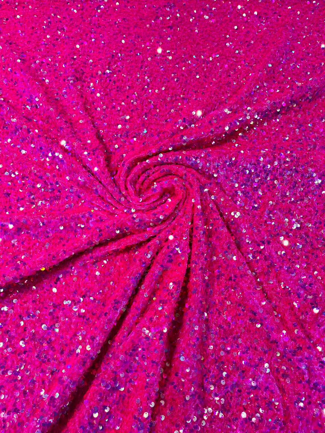 Stretch Velvet Sequins Fabric - Iridescent Clear on Hot Pink - Velvet Sequins 2 Way Stretch 58/60” By Yard