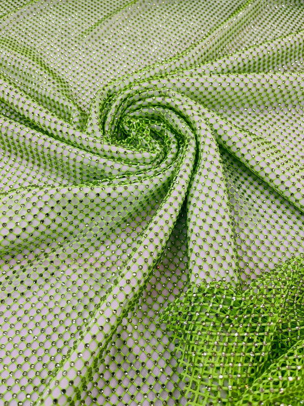 Fish Net Spandex Rhinestone Fabric - Clear on Lime Green - Rhinestone Spandex Fish Net Design Fabric with Rhinestones by Yard