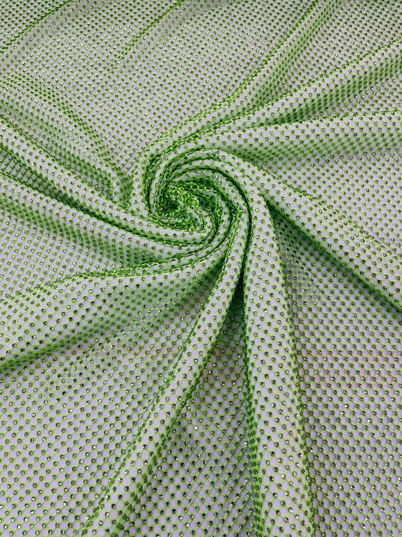 Fish Net Spandex Rhinestone Fabric - Clear on Lime Green - Rhinestone Spandex Fish Net Design Fabric with Rhinestones by Yard