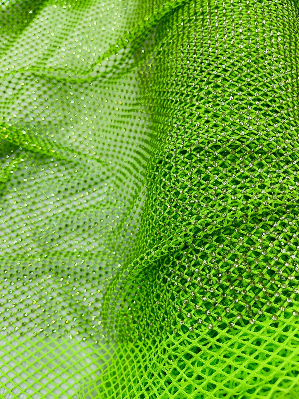Fish Net Spandex Rhinestone Fabric - Clear on Lime Green - Rhinestone Spandex Fish Net Design Fabric with Rhinestones by Yard