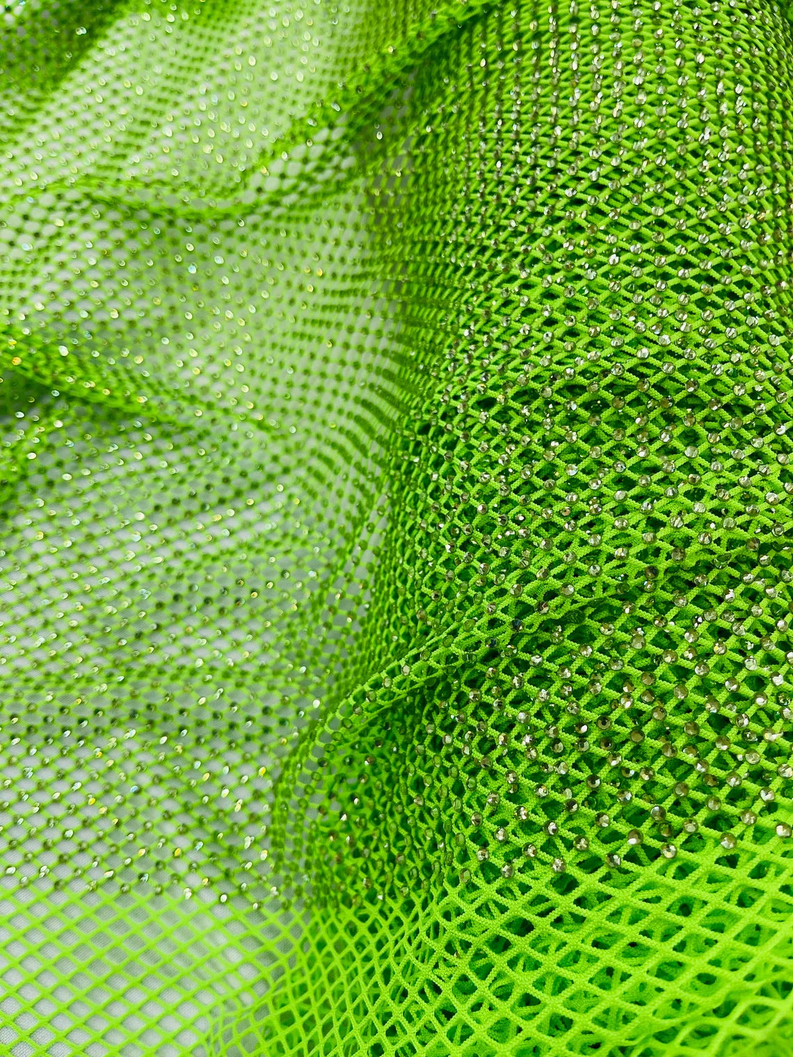 Fish Net Spandex Rhinestone Fabric - Clear on Lime Green - Rhinestone Spandex Fish Net Design Fabric with Rhinestones by Yard