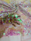 Round Large Sequins - Clear Pink Iridescent - Paillette Large Round Sequins Design Fabric By Yard