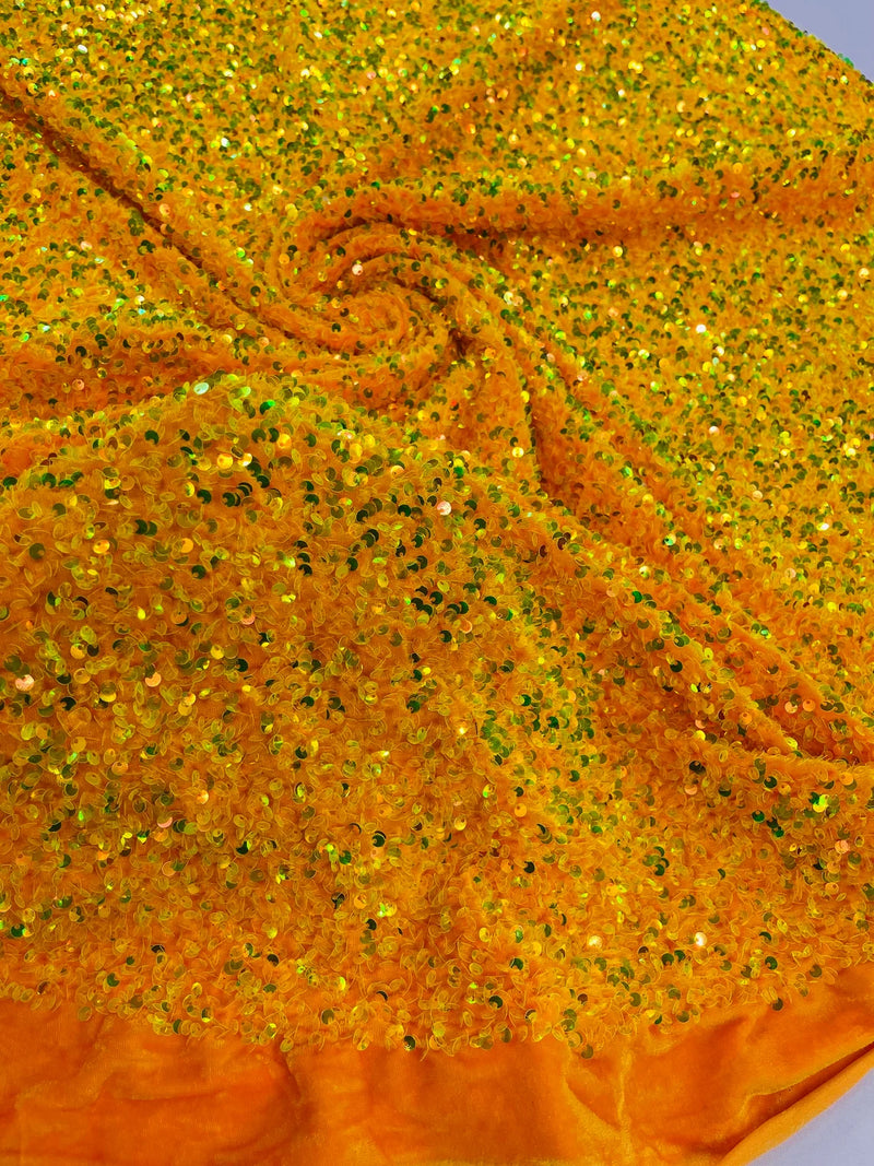 Stretch Velvet Sequins Fabric - Clear Yellow on Orange - Velvet Sequins 2 Way Stretch 58/60” By Yard