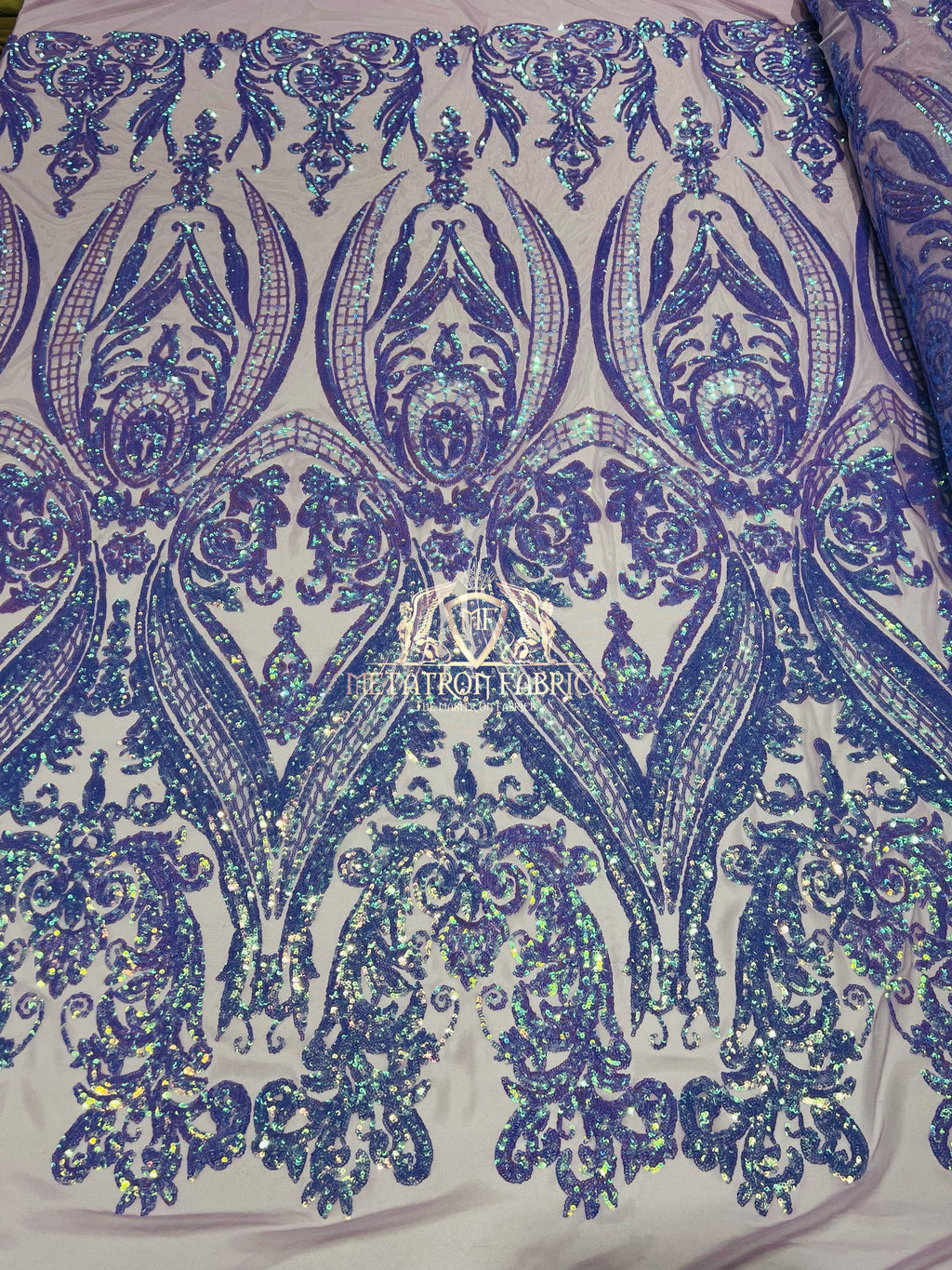 Big Damask Sequins Fabric - Iridescent Lilac - 4 Way Stretch Damask Sequins Design Fabric By Yard