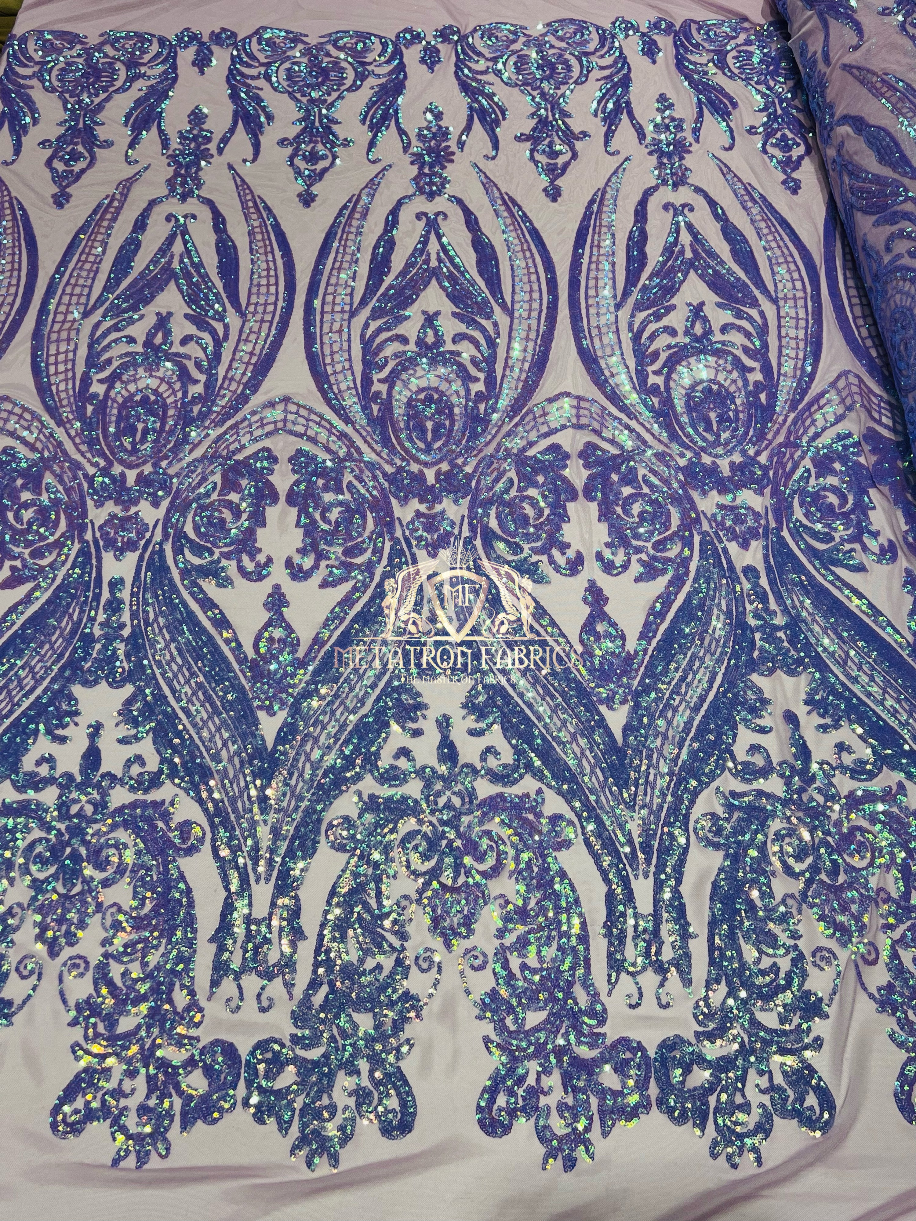 Big Damask Sequins Fabric - Iridescent Lilac - 4 Way Stretch Damask Sequins Design Fabric By Yard