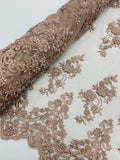 Beaded Floral Fabric - Coffee - Embroidered Flower Cluster Beaded Fabric Sold By Yard