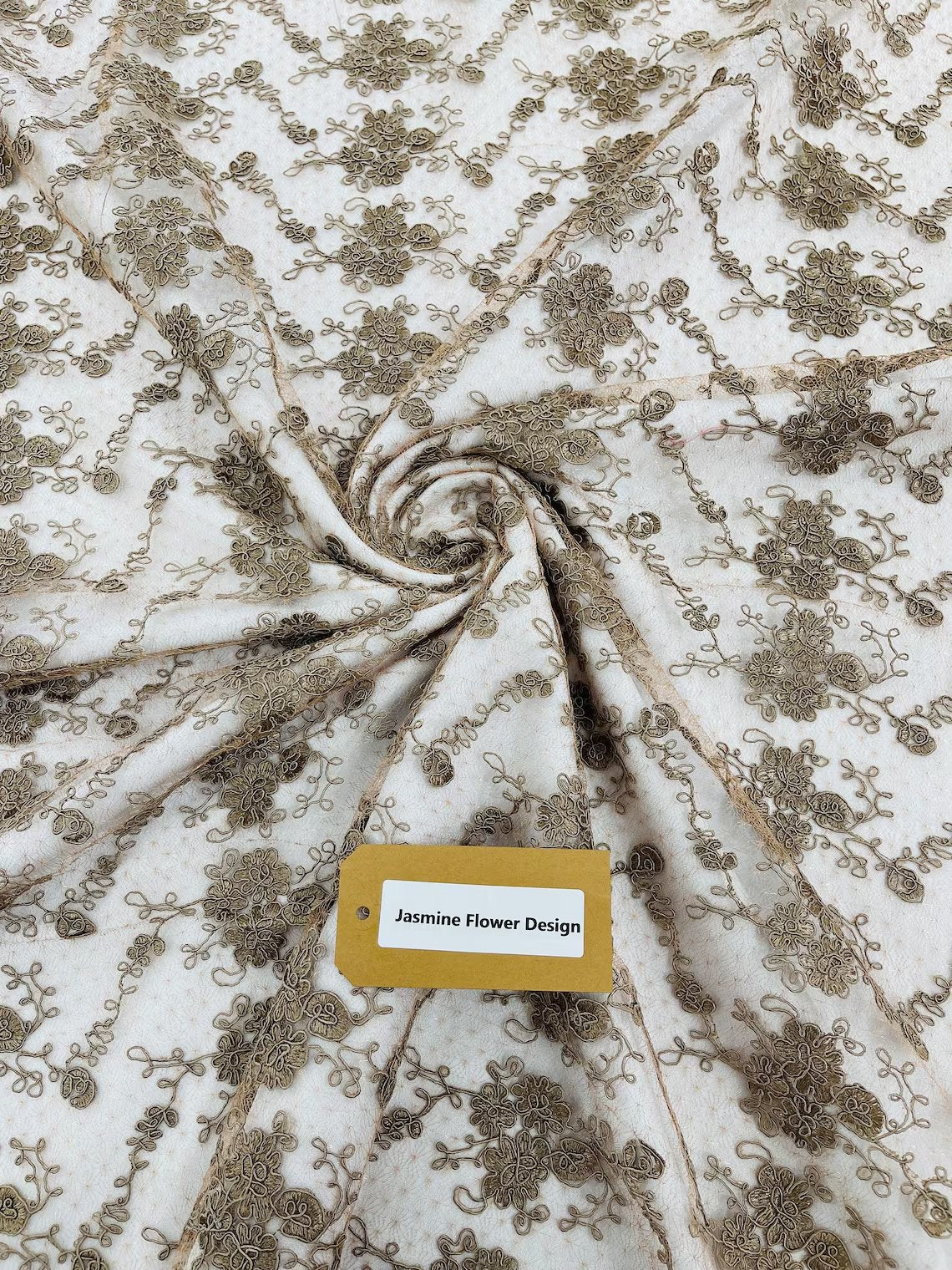 Embroidered Flower Fabric - Coffee - Floral Design Scalloped Border Fabric By Yard