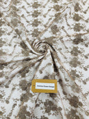 Embroidered Flower Fabric - Coffee - Floral Design Scalloped Border Fabric By Yard