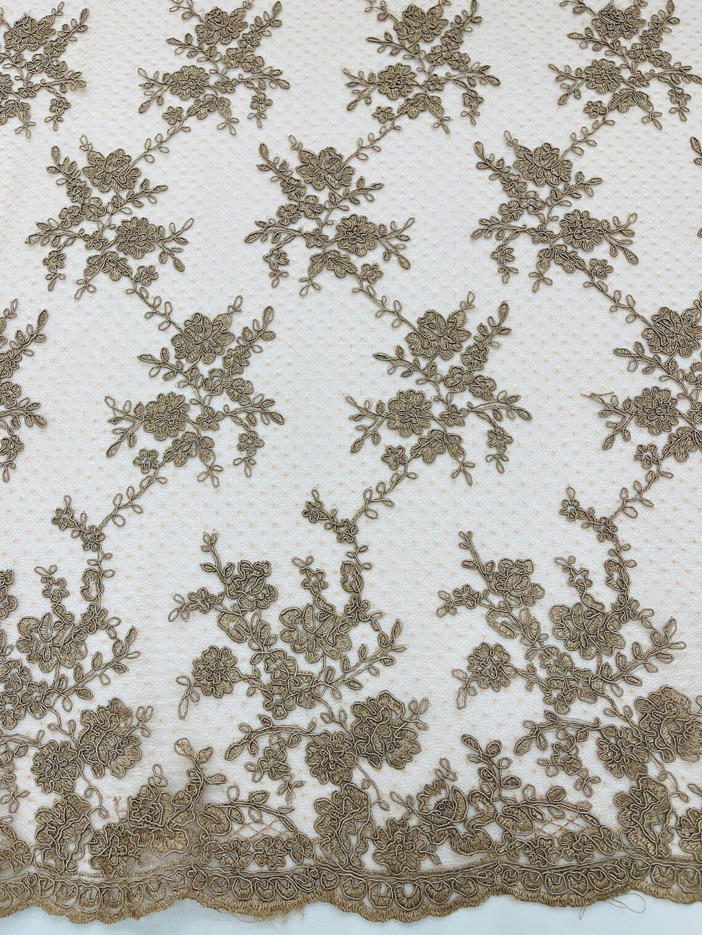 Embroidered Corded Lace Fabric - Coffee - Cluster Fancy Flower Embroidered Lace Fabric By Yard
