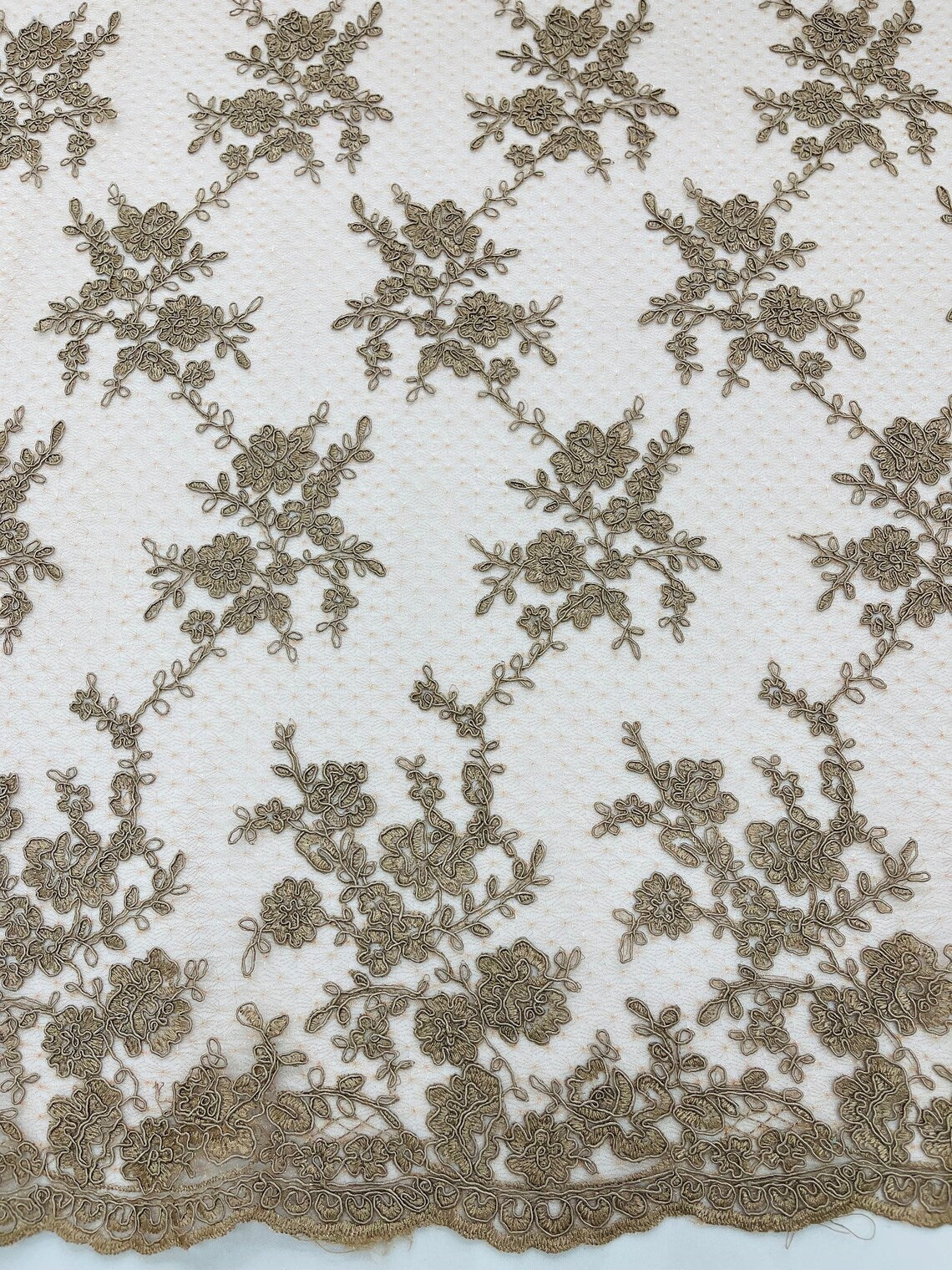 Embroidered Corded Lace Fabric - Coffee - Cluster Fancy Flower Embroidered Lace Fabric By Yard