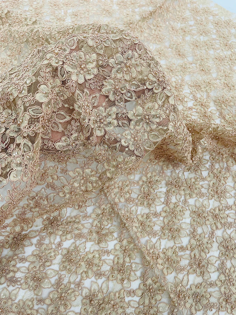 Floral Pearls and Sequins Fabric - Coffee - Beaded Fabric Embroidered Lace By The Yard