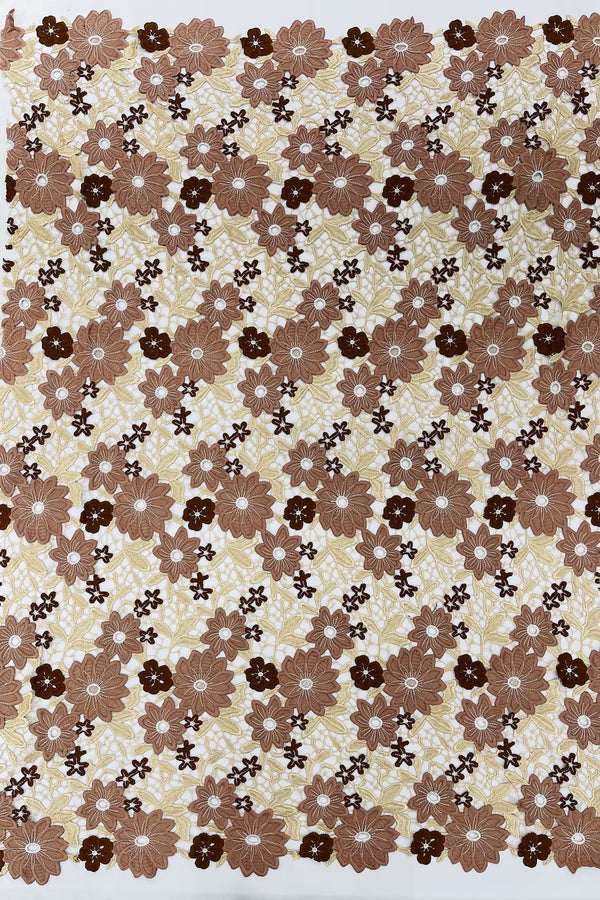 Multi-Color Guipure Lace Design Fabric - Coffee - Floral Lace Fabric by Yard