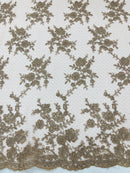 Embroidered Corded Lace Fabric - Coffee - Cluster Fancy Flower Embroidered Lace Fabric By Yard