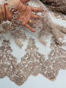 Beaded Floral Fabric - Coffee - Embroidered Flower Cluster Beaded Fabric Sold By Yard