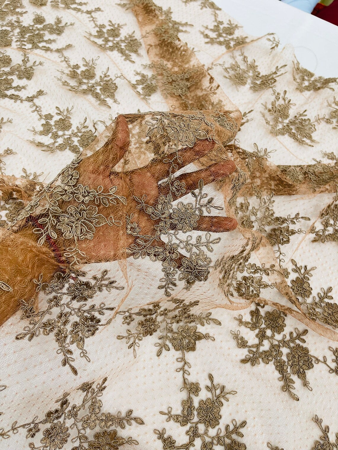 Embroidered Corded Lace Fabric - Coffee - Cluster Fancy Flower Embroidered Lace Fabric By Yard