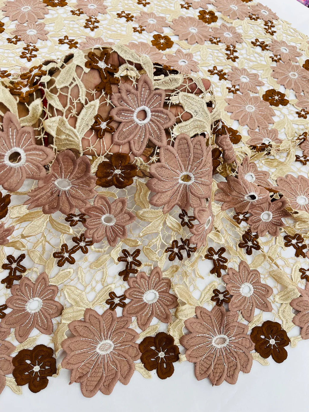 Multi-Color Guipure Lace Design Fabric - Coffee - Floral Lace Fabric by Yard