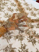 Embroidered Corded Lace Fabric - Coffee - Cluster Fancy Flower Embroidered Lace Fabric By Yard