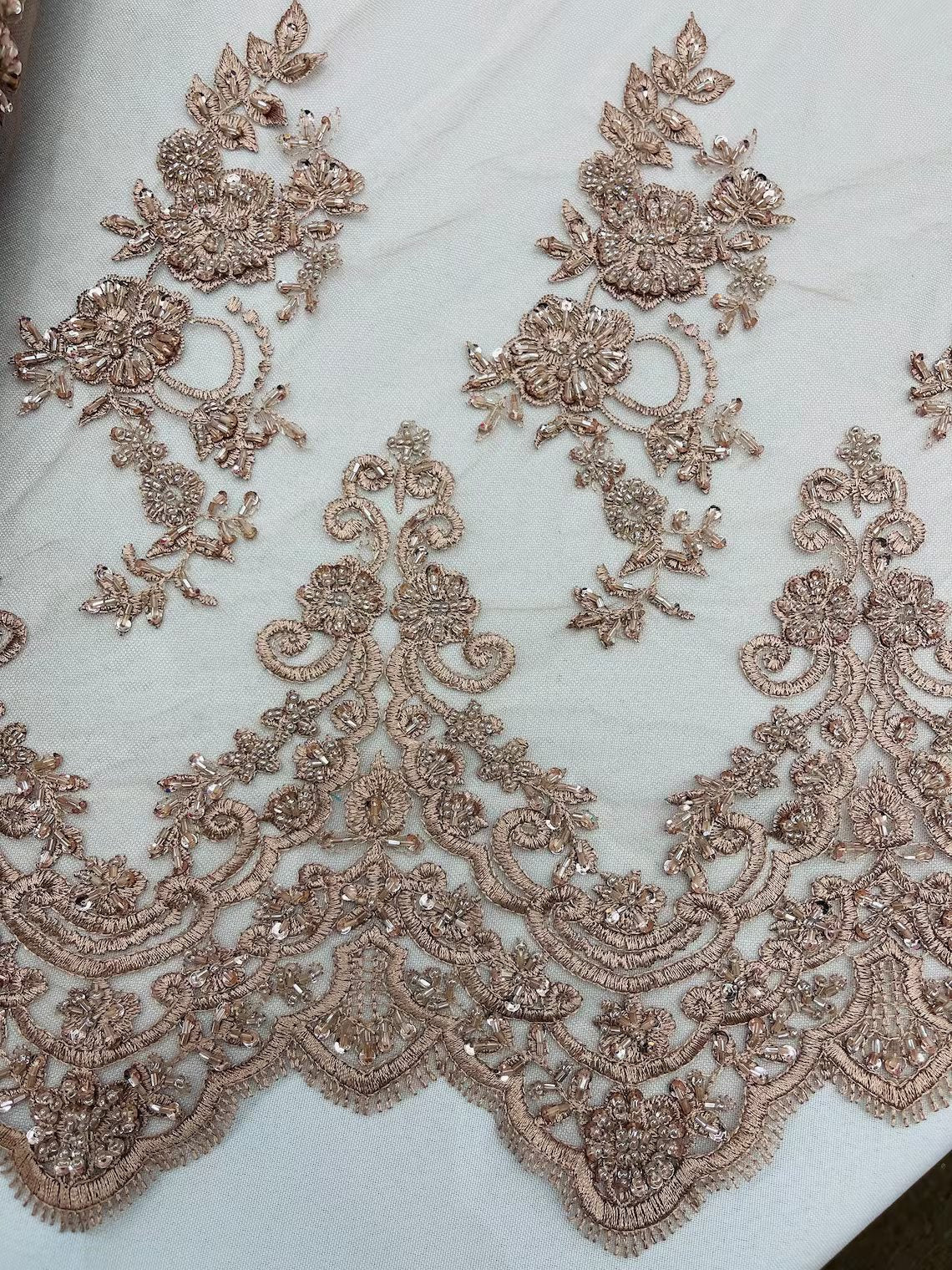 Beaded Floral Fabric - Coffee - Embroidered Flower Cluster Beaded Fabric Sold By Yard