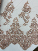 Beaded Floral Fabric - Coffee - Embroidered Flower Cluster Beaded Fabric Sold By Yard