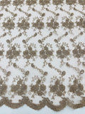 Embroidered Flower Fabric - Coffee - Floral Design Scalloped Border Fabric By Yard