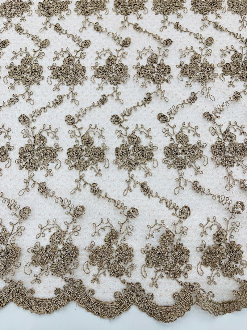Embroidered Flower Fabric - Coffee - Floral Design Scalloped Border Fabric By Yard