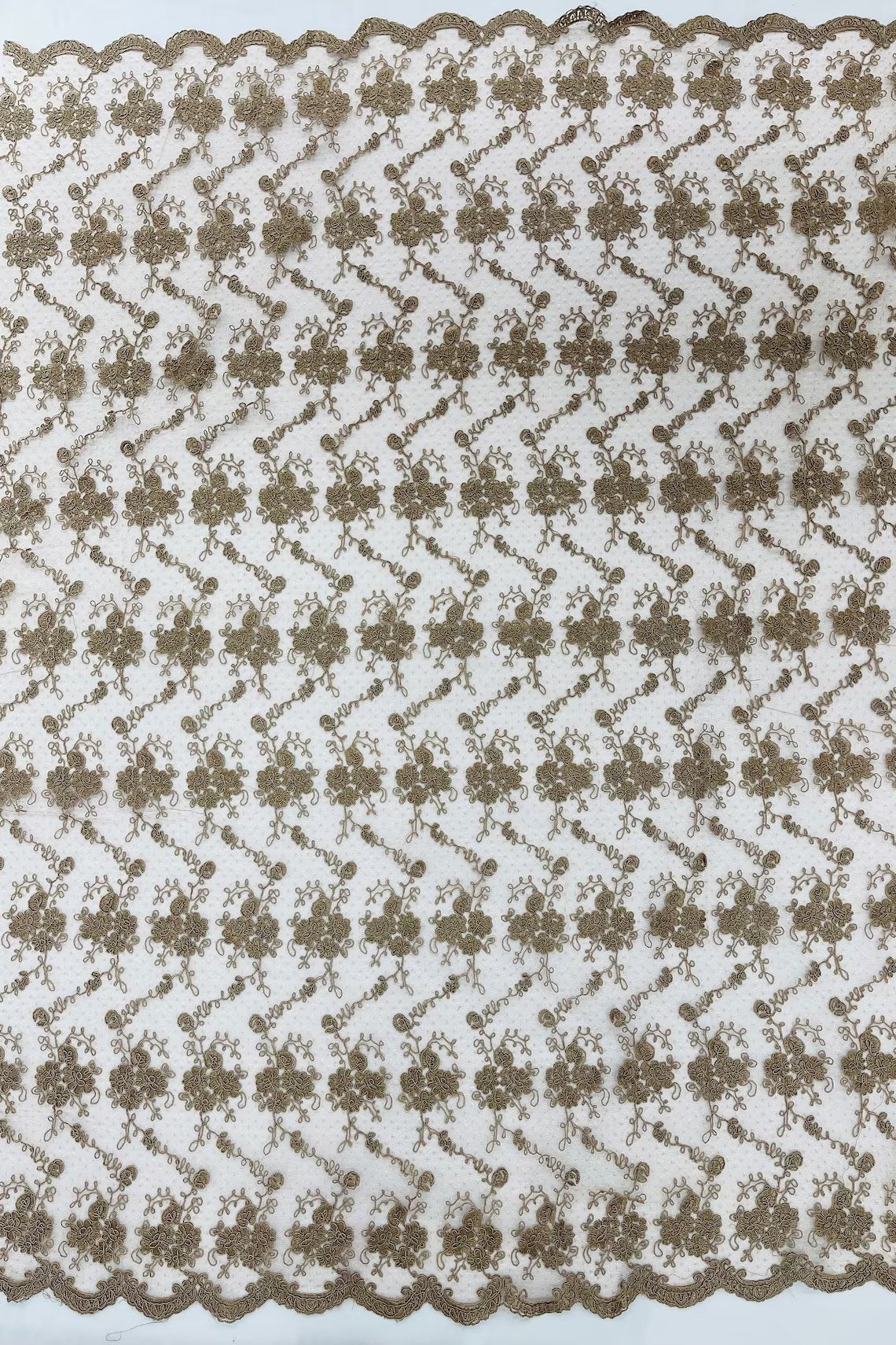 Embroidered Flower Fabric - Coffee - Floral Design Scalloped Border Fabric By Yard