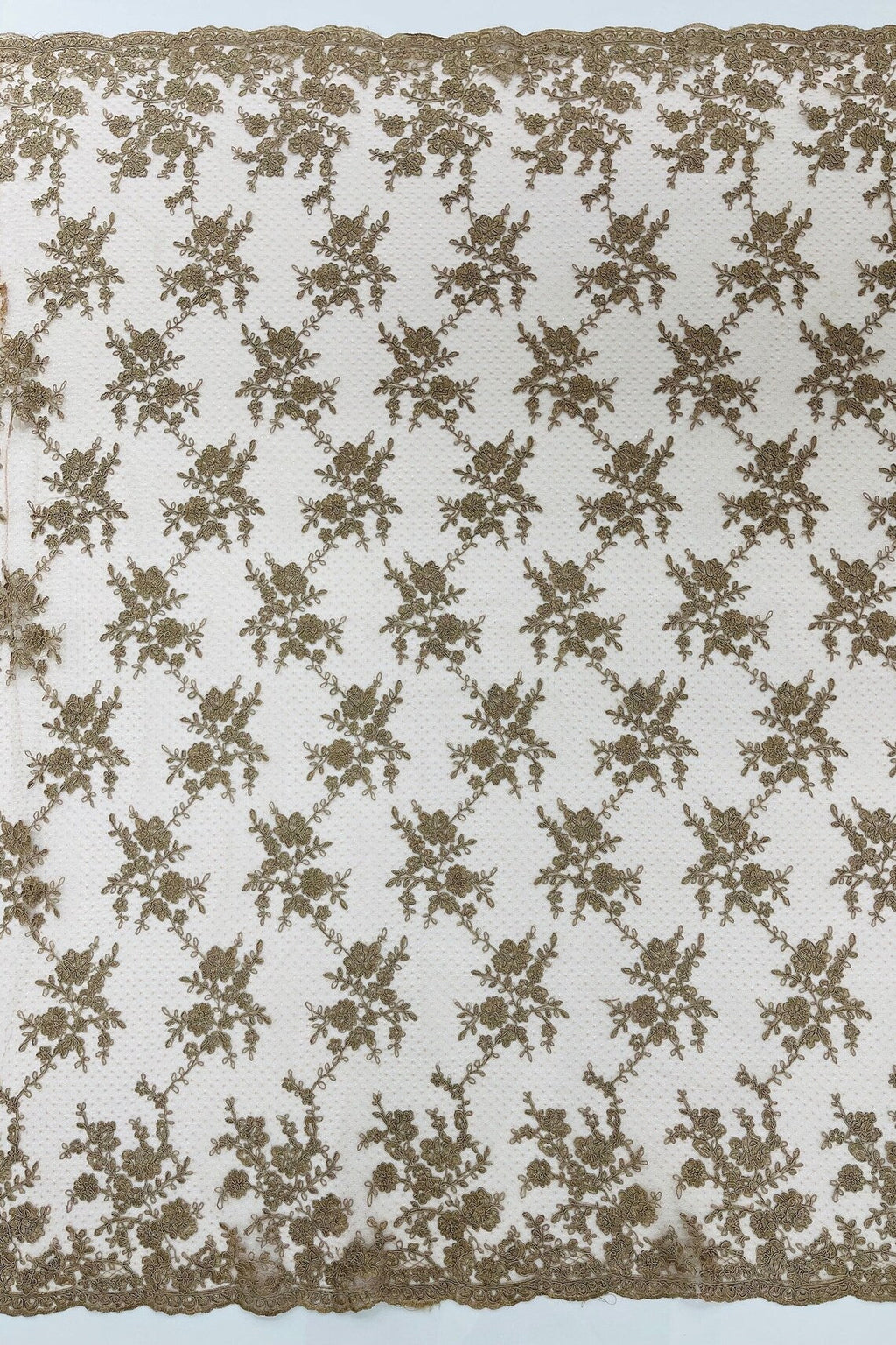 Embroidered Corded Lace Fabric - Coffee - Cluster Fancy Flower Embroidered Lace Fabric By Yard