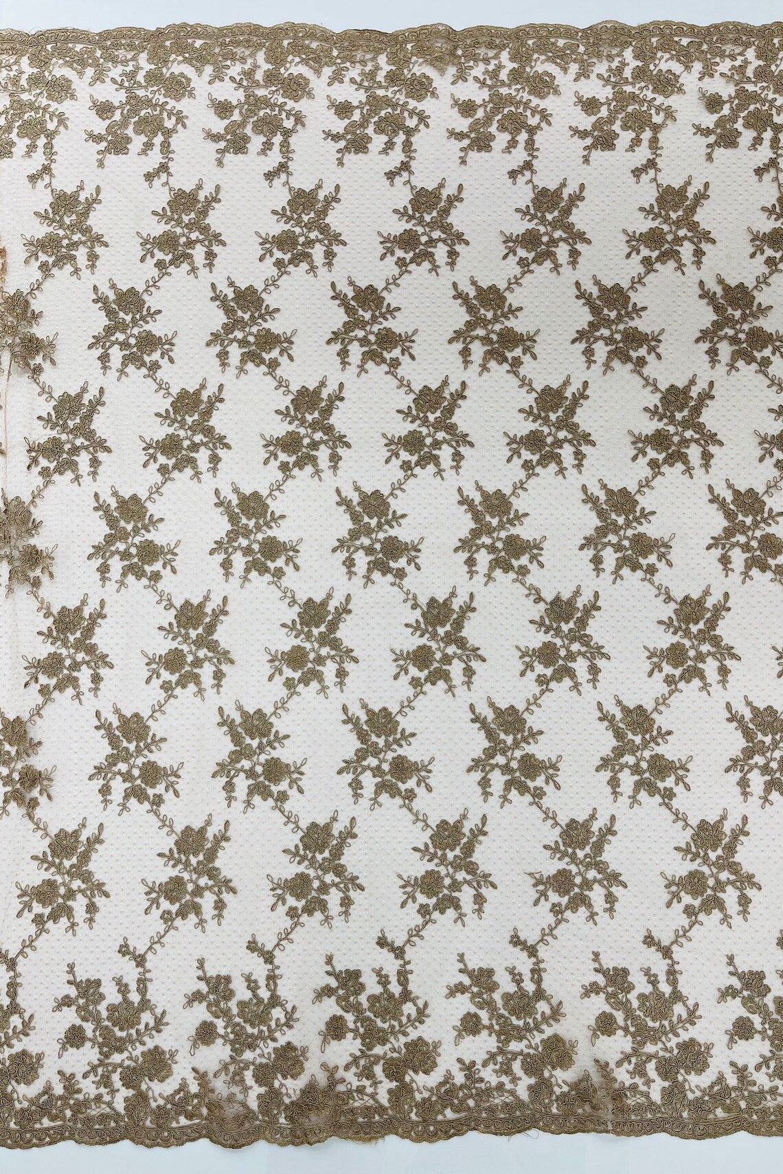 Embroidered Corded Lace Fabric - Coffee - Cluster Fancy Flower Embroidered Lace Fabric By Yard
