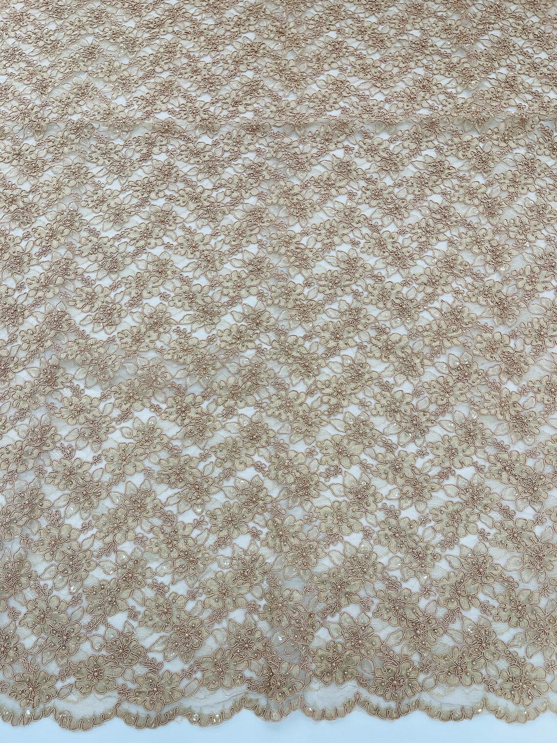 Floral Pearls and Sequins Fabric - Coffee - Beaded Fabric Embroidered Lace By The Yard
