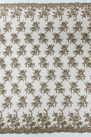 Embroidered Corded Lace Fabric - Coffee - Cluster Fancy Flower Embroidered Lace Fabric By Yard