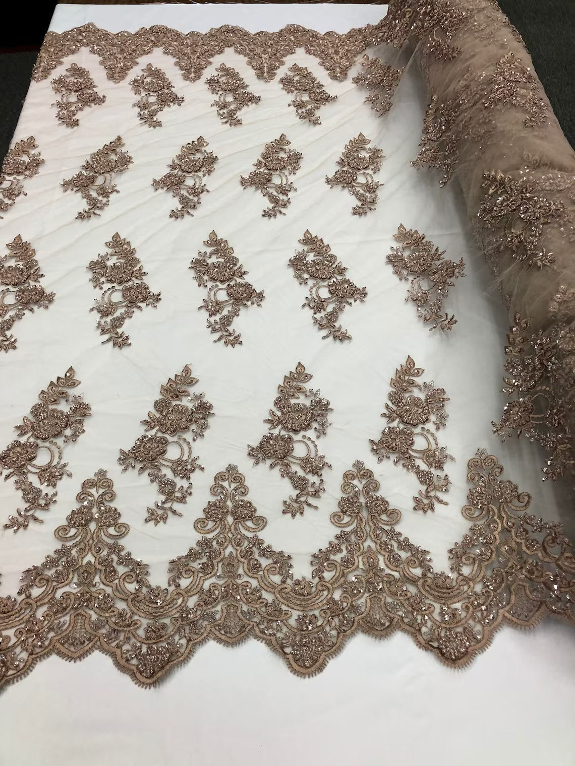 Beaded Floral Fabric - Coffee - Embroidered Flower Cluster Beaded Fabric Sold By Yard