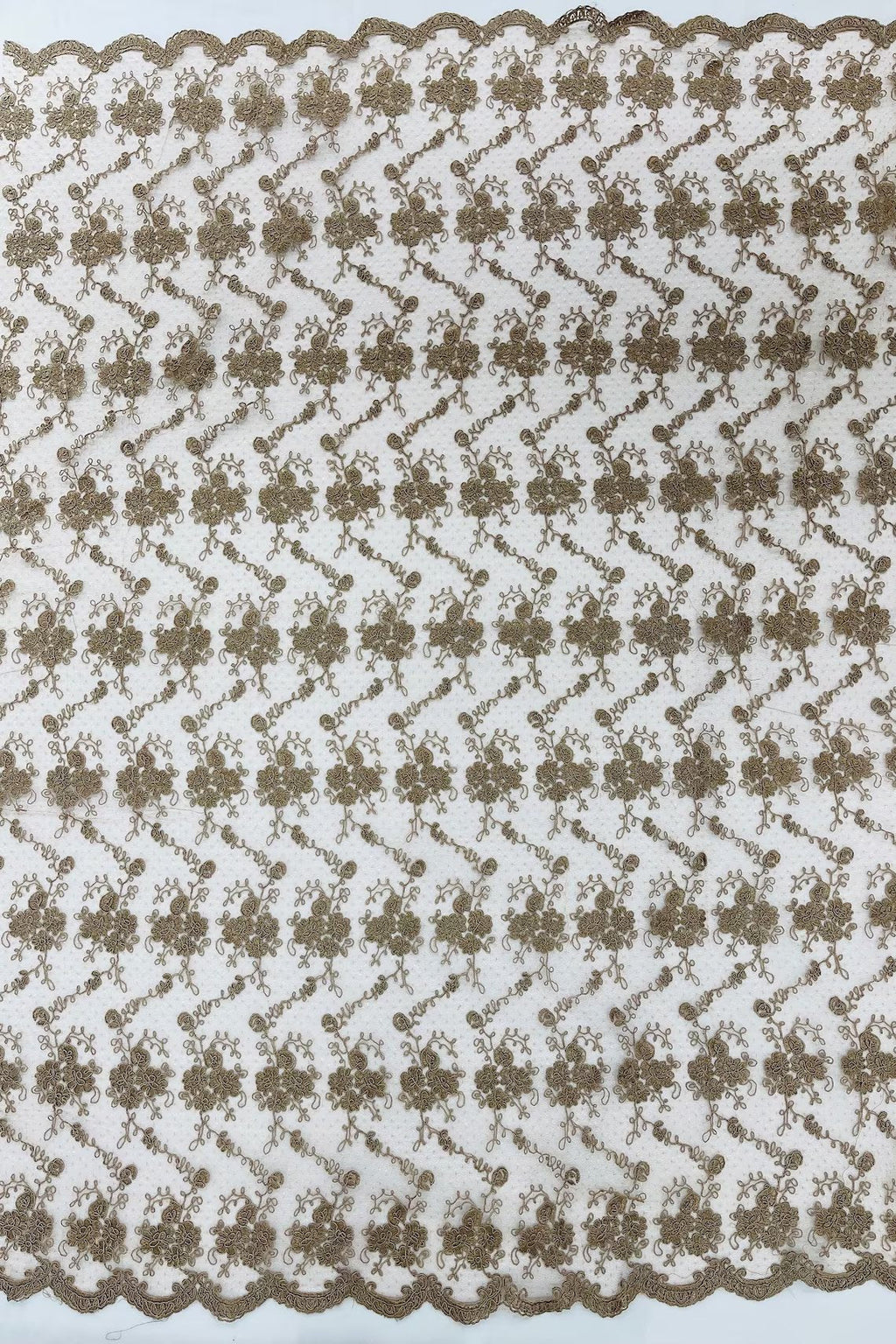 Embroidered Flower Fabric - Coffee - Floral Design Scalloped Border Fabric By Yard