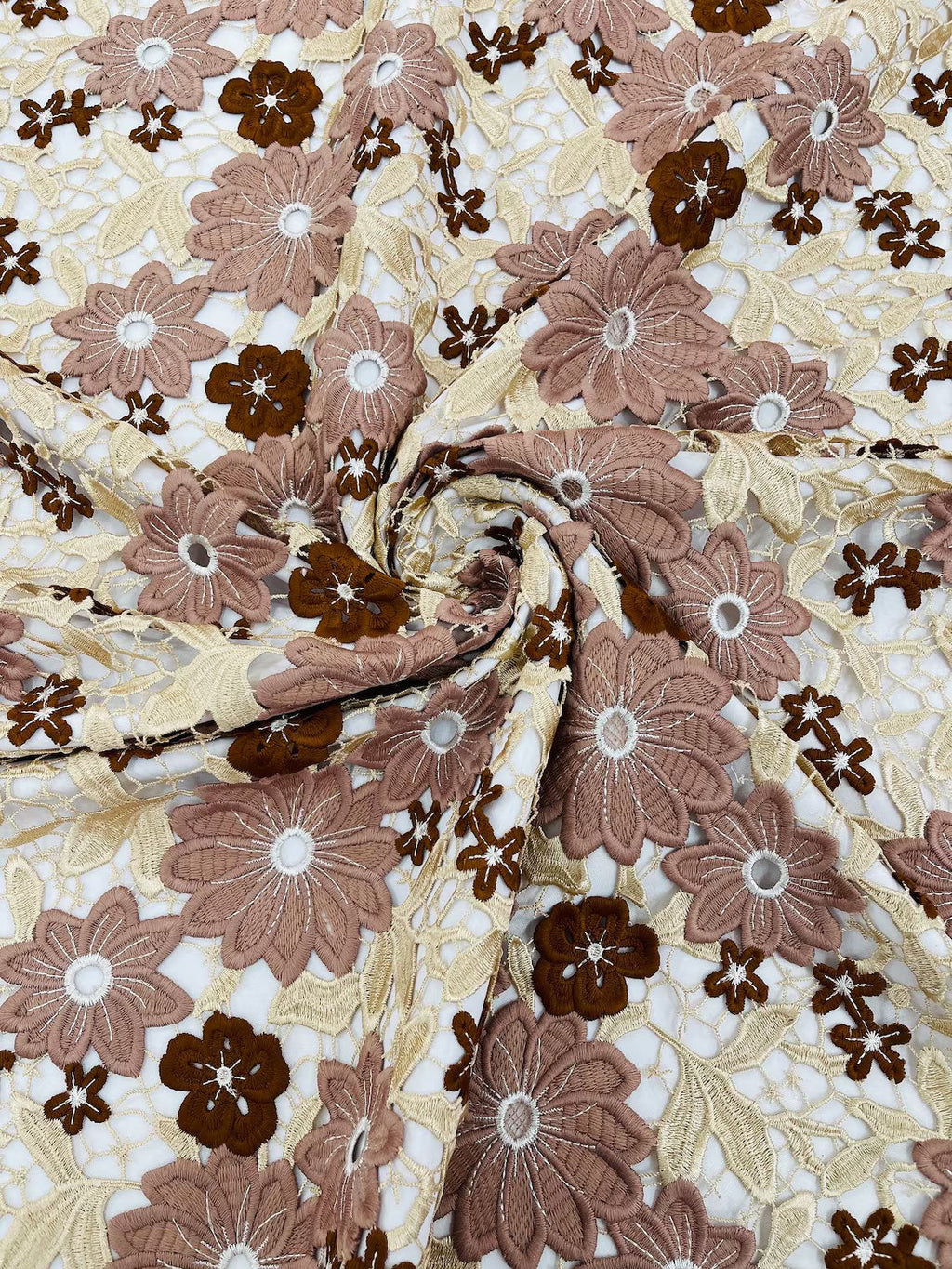 Multi-Color Guipure Lace Design Fabric - Coffee - Floral Lace Fabric by Yard