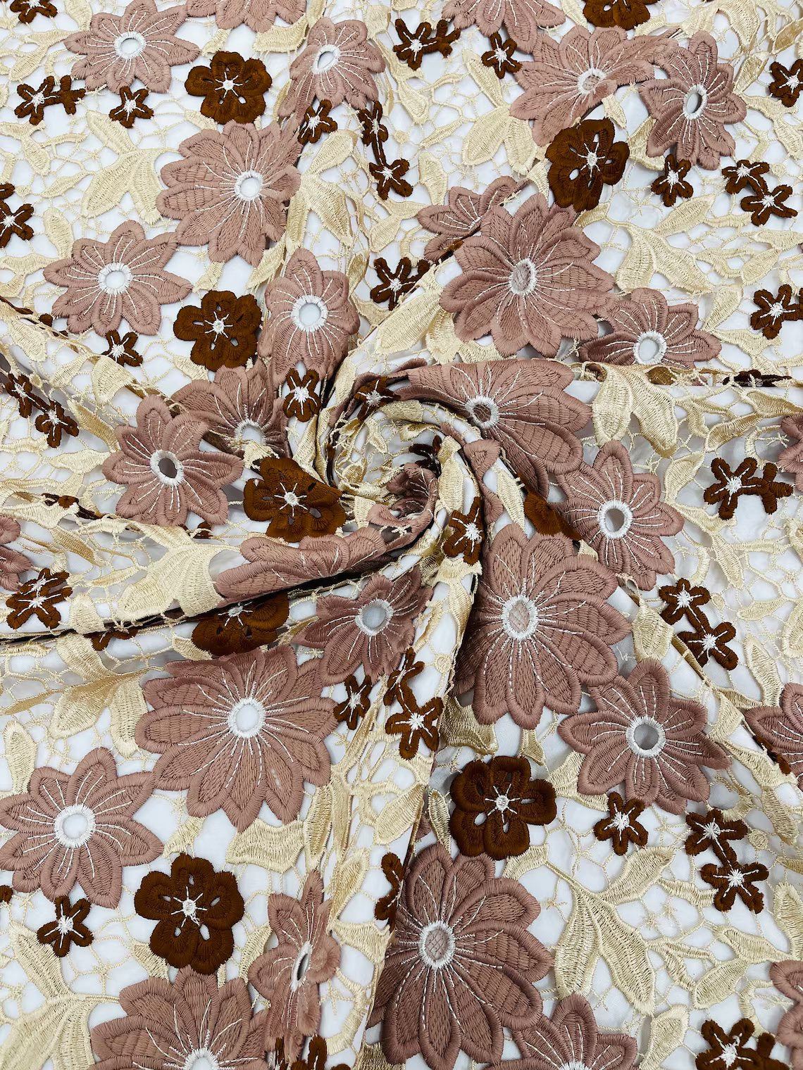 Multi-Color Guipure Lace Design Fabric - Coffee - Floral Lace Fabric by Yard