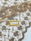 Embroidered Flower Fabric - Coffee - Floral Design Scalloped Border Fabric By Yard