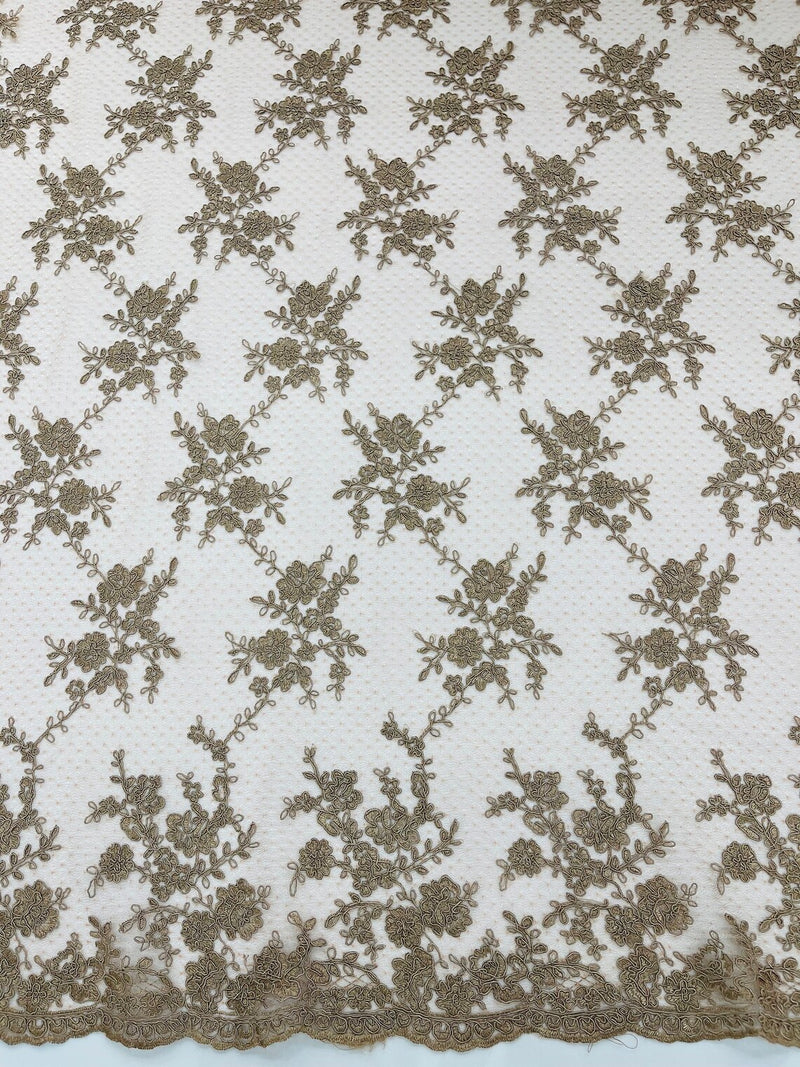 Embroidered Corded Lace Fabric - Coffee - Cluster Fancy Flower Embroidered Lace Fabric By Yard