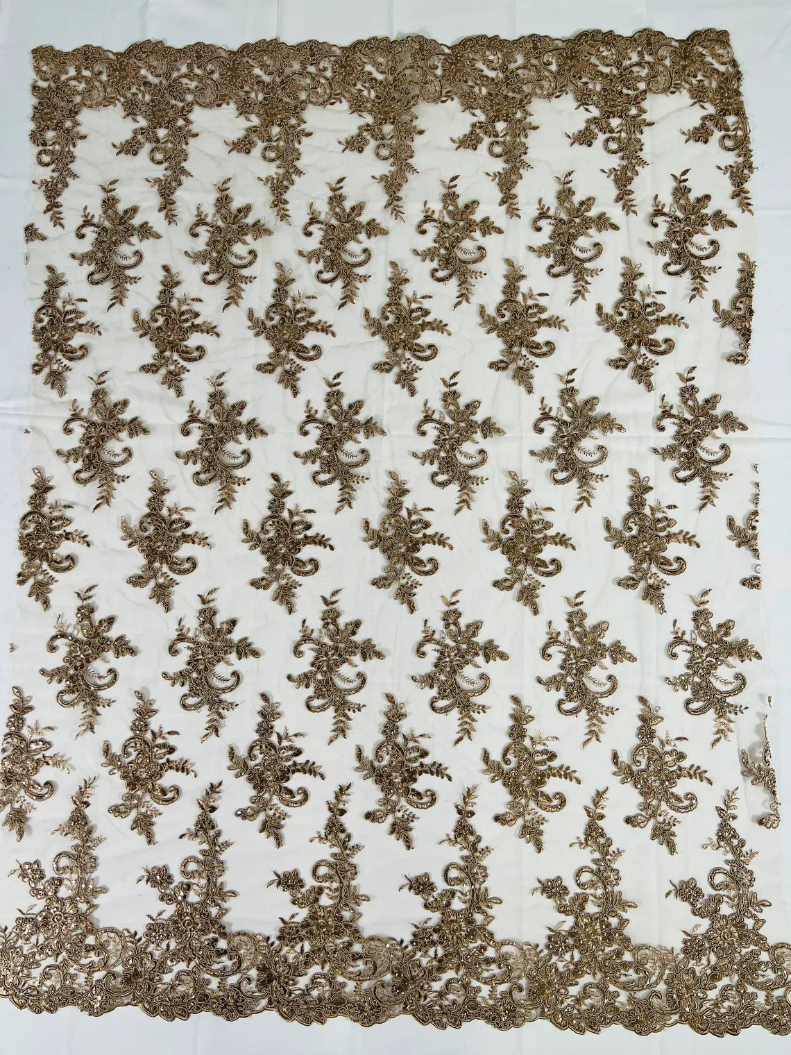 Lace Flower Cluster Fabric - Embroidered Flower With Sequins on a Mesh Lace Fabric - 25 Yard Roll