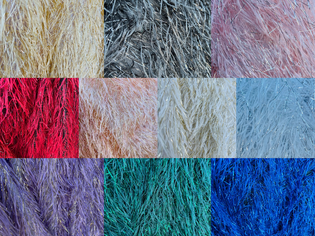 Metallic Eyelash Fabric  - Feather/Eyelash/Fringe Design on Mesh Sold By Yard