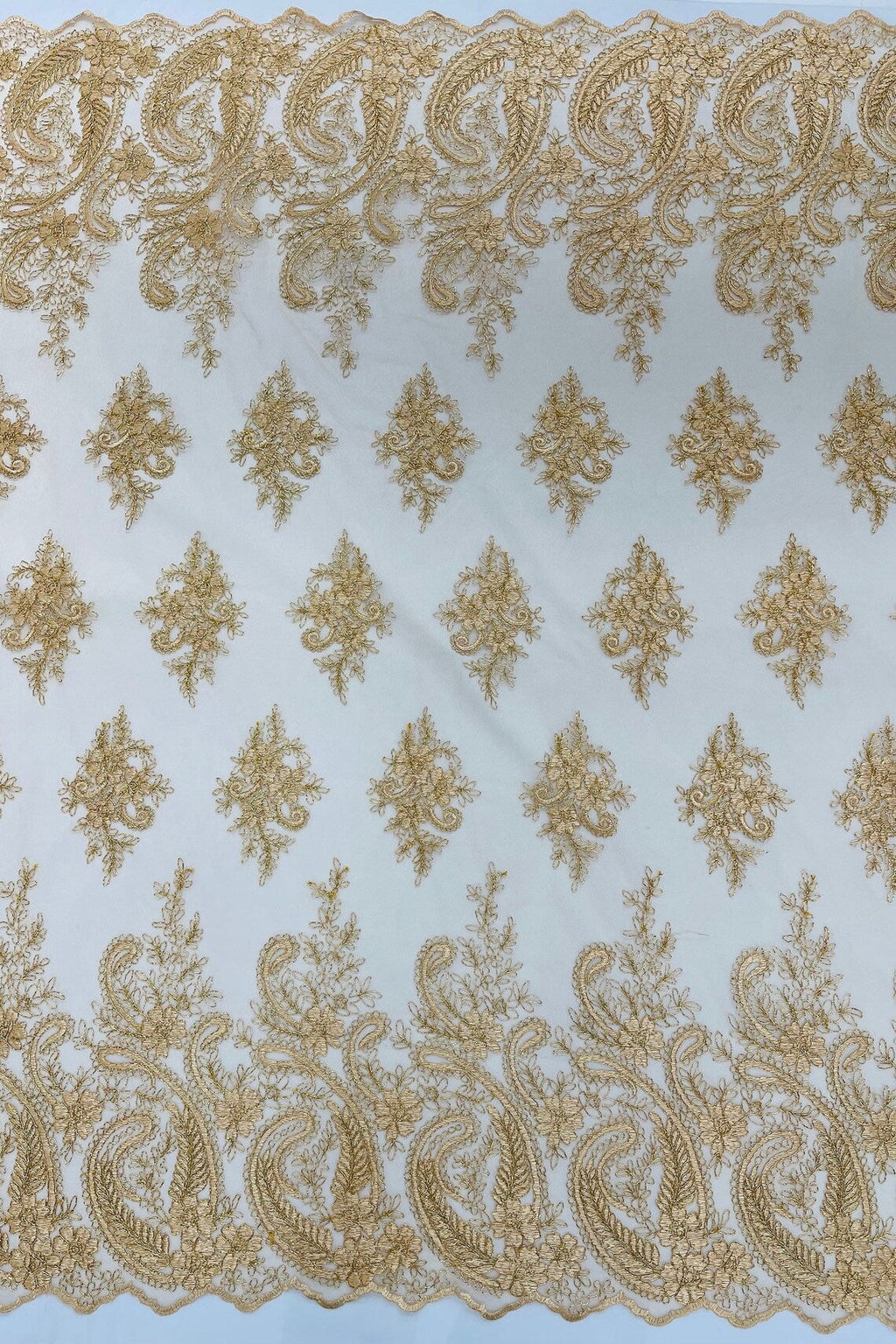 Metallic Corded Lace - Copper - Paisley Floral Fabric with Metallic Thread on a Mesh Lace By Yard