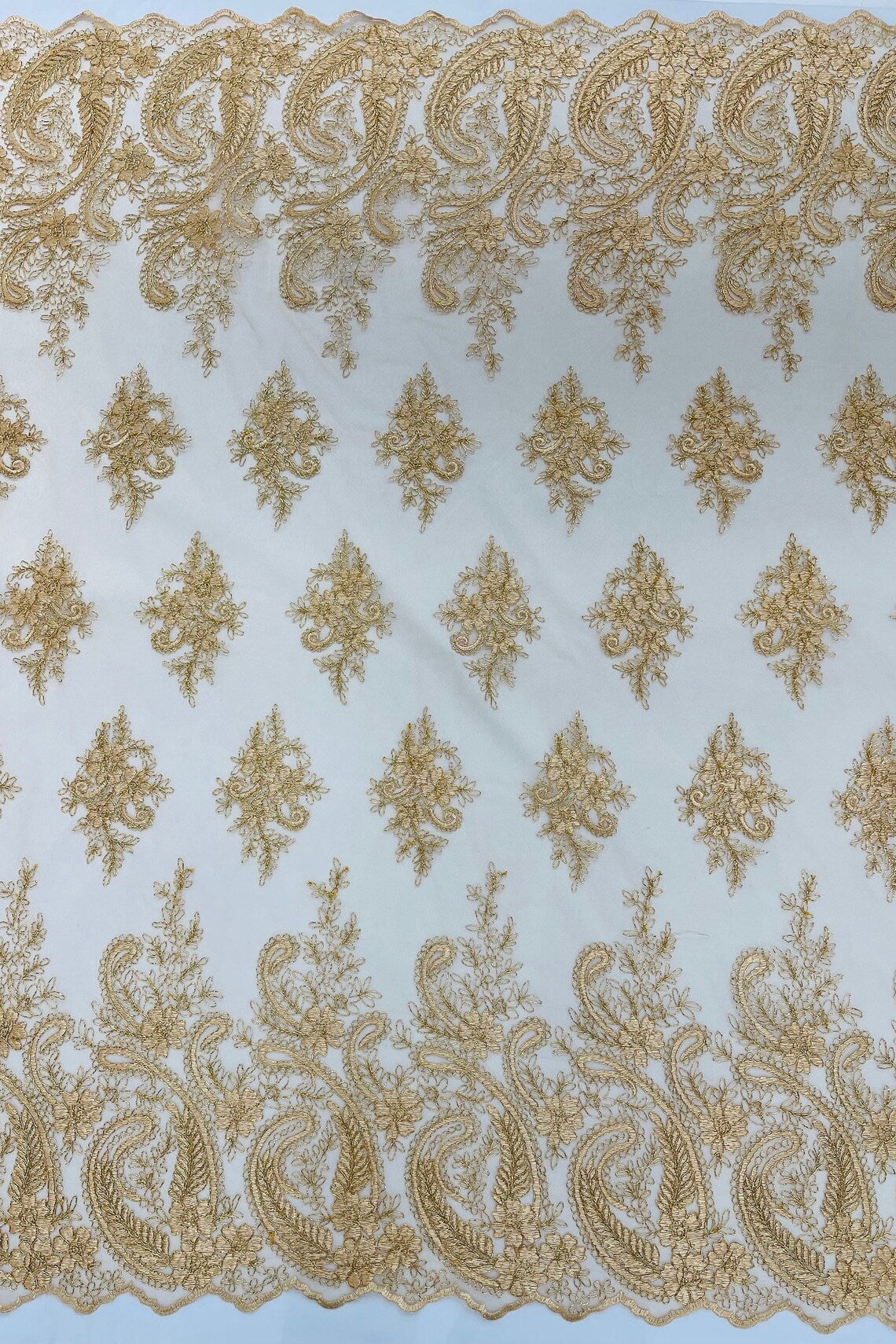 Metallic Corded Lace - Copper - Paisley Floral Fabric with Metallic Thread on a Mesh Lace By Yard