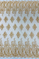 Metallic Corded Lace - Copper - Paisley Floral Fabric with Metallic Thread on a Mesh Lace By Yard