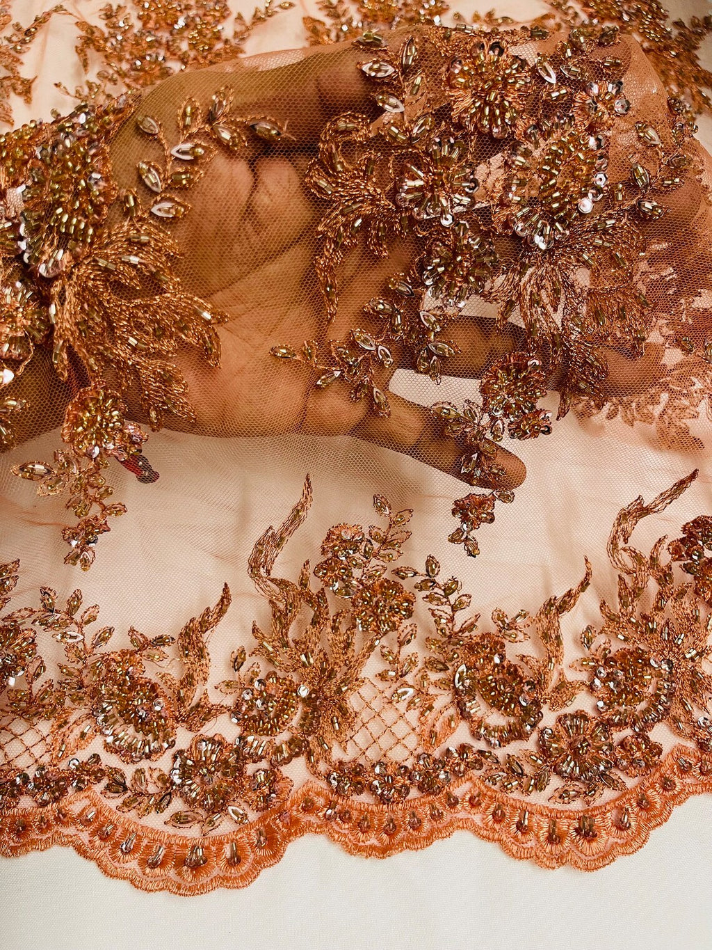 Floral Leaf Beaded Fabric - Copper - Embroidered Flower Leaf Design Beaded Fabric By Yard