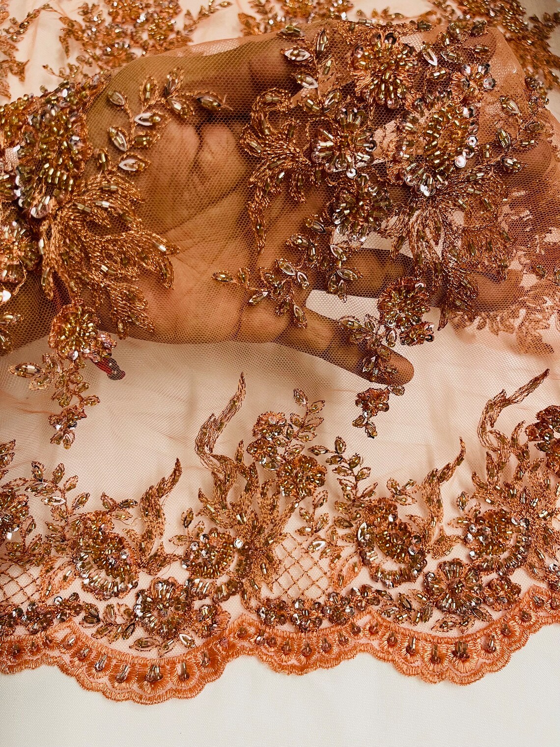 Floral Leaf Beaded Fabric - Copper - Embroidered Flower Leaf Design Beaded Fabric By Yard
