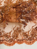 Floral Leaf Beaded Fabric - Copper - Embroidered Flower Leaf Design Beaded Fabric By Yard