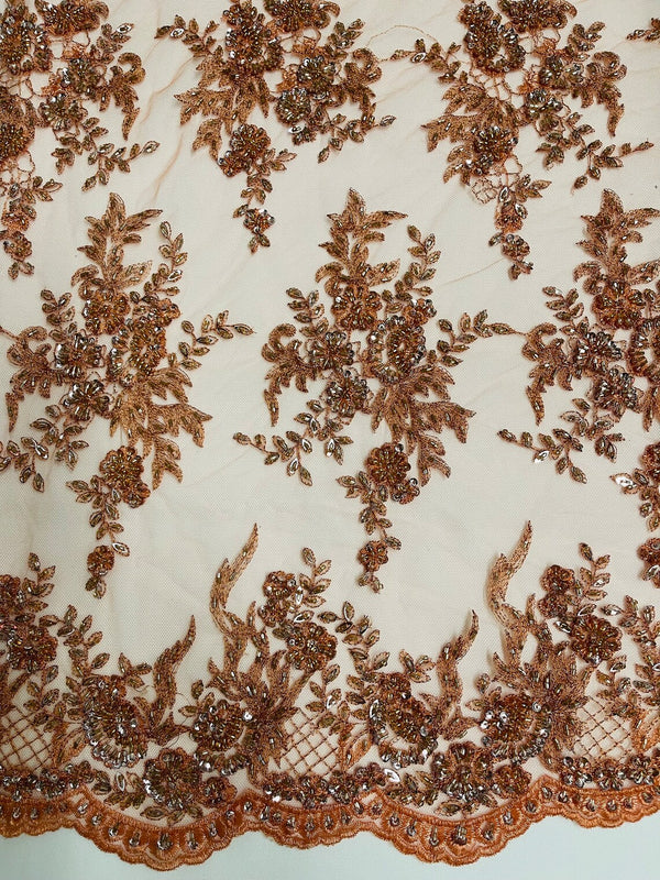 Floral Leaf Beaded Fabric - Copper - Embroidered Flower Leaf Design Beaded Fabric By Yard